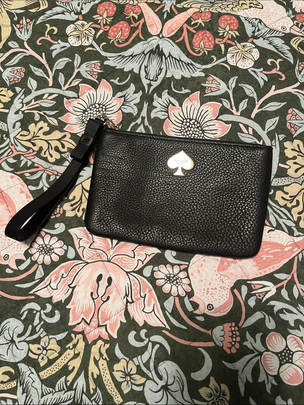 kate spade Black Pebbled Leather Wristlet with Gold Spade Logo